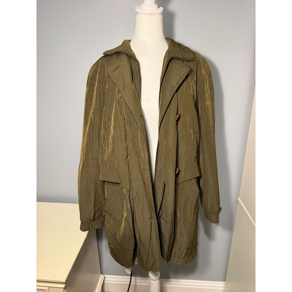 Gallery Vintage Olive Green Iridescent Trench Coat Jacket Womens Medium Zip Up - Picture 2 of 11
